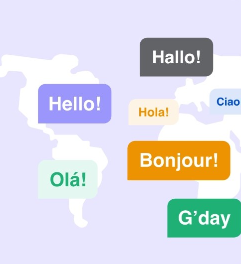 Map graphic - illustration of different speech bubbles with different languages