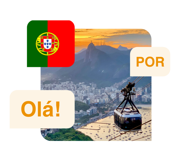 Language Portuguese - Illustration of Portuguese words, the Portuguese flag and a cityscape