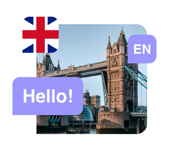 Language English - Illustration of English words, the English flag and London Bridge