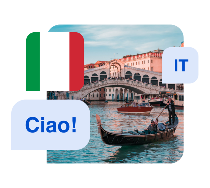 Language Italian - Illustration of Italian words, the Italian flag and a gondola