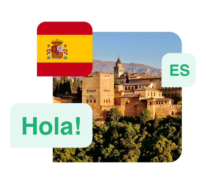 Language Spanish - Illustration of Spanish words, the Spanish flag and a Spanish house