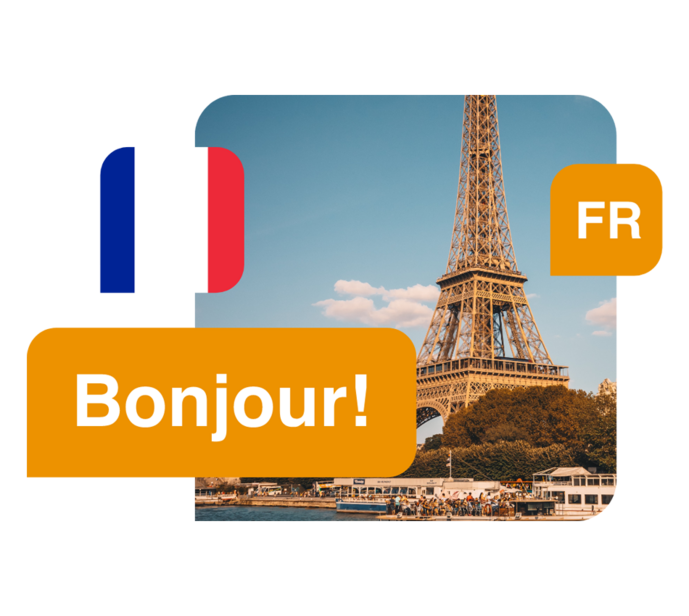 Language French - Illustration of the French flag, French words and the Eiffel Tower