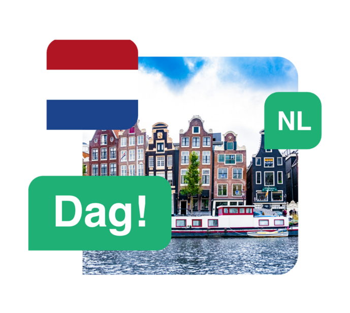 Language Dutch - Illustration of the Dutch flag, Dutch words and a picture of Amsterdam